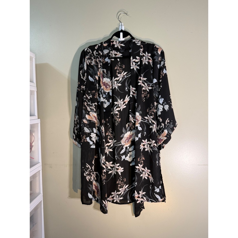 Tahari Boho Black Floral Kimono Wrap Open Front Draped Cardigan S/M 5112019